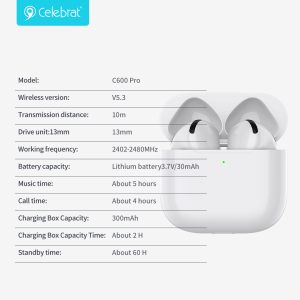 Hot-selling White Celebrat C600Pro TWS Earphones Product Parameters
