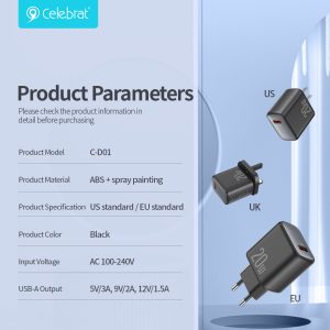 Celebrat CD-01 EU plug 20W QC3.0 Fast Charger product parameters