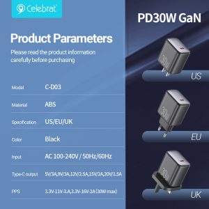 Celebrat CD-03 EU 30W GaN Fast Charging Charger Product parameters