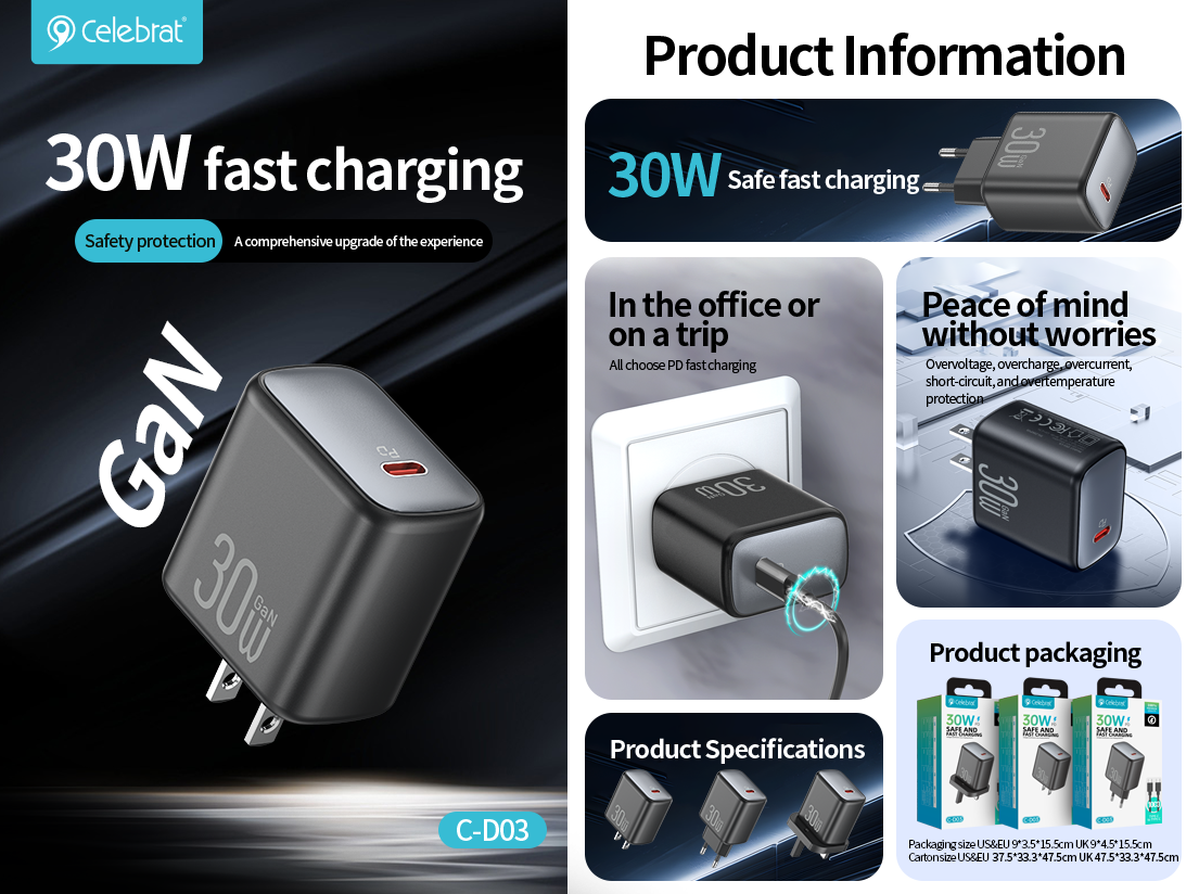Celebrat CD-03 EU 30W GaN Fast Charging Charger Product core selling point