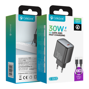 Celebrat CD-03 EU 30W GaN Fast Charging Charger Type-C to Linghtning Product packaging