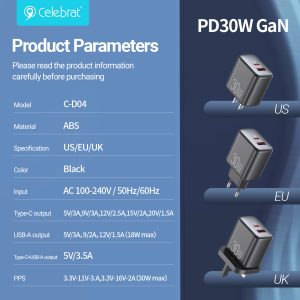 Celebrat C-D04 EU GaN Charger 30W, PD/QC PPS Supported, Product Parameters
