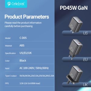 Celebrat C-D05 EU 45W Fast GaN Charger Product Parameters