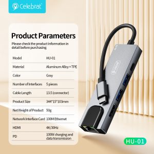 Celebrat HU-01 5-in-1 Type-C Plug Hub Product Parameters