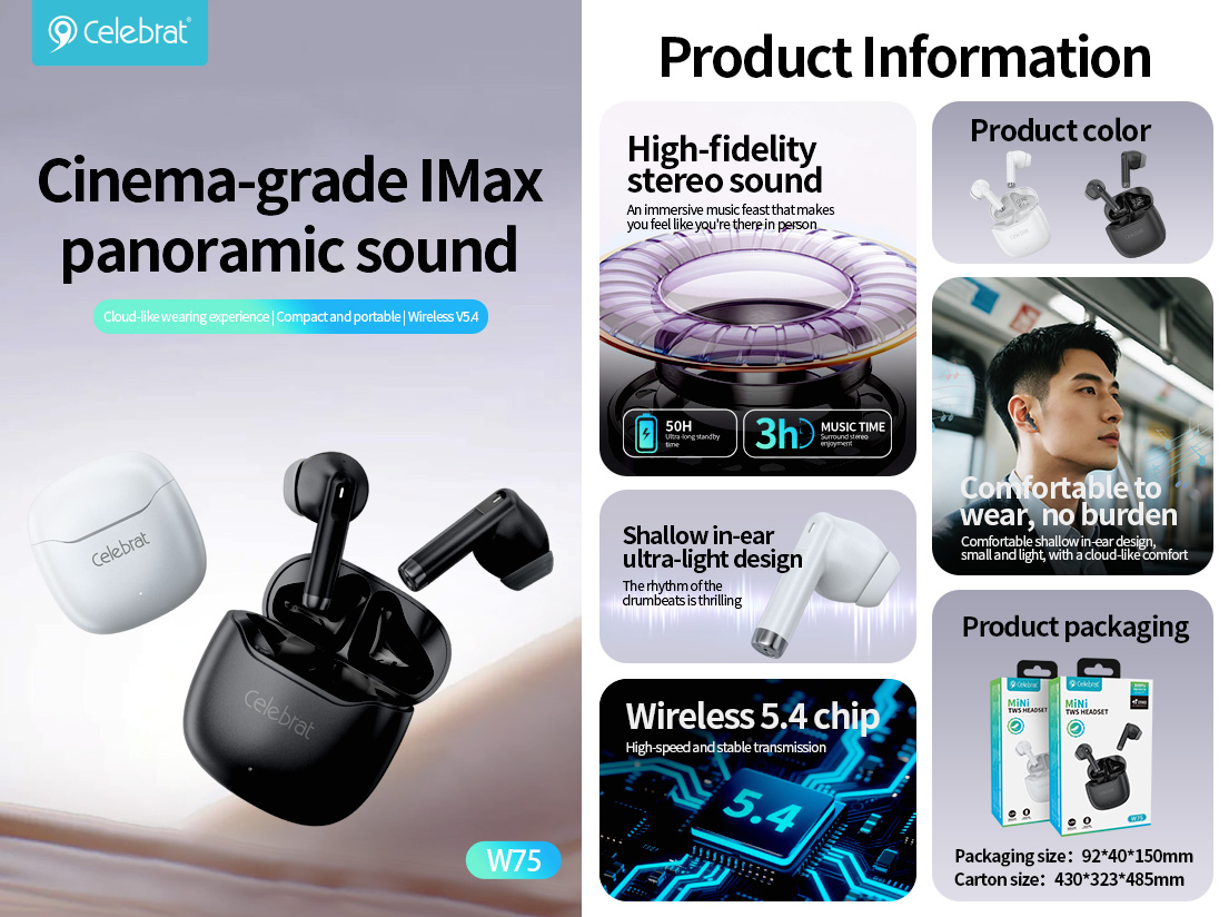 Hot-selling Celebrat W75 Lightweight Hi-Fi TWS Earbuds Parameters
