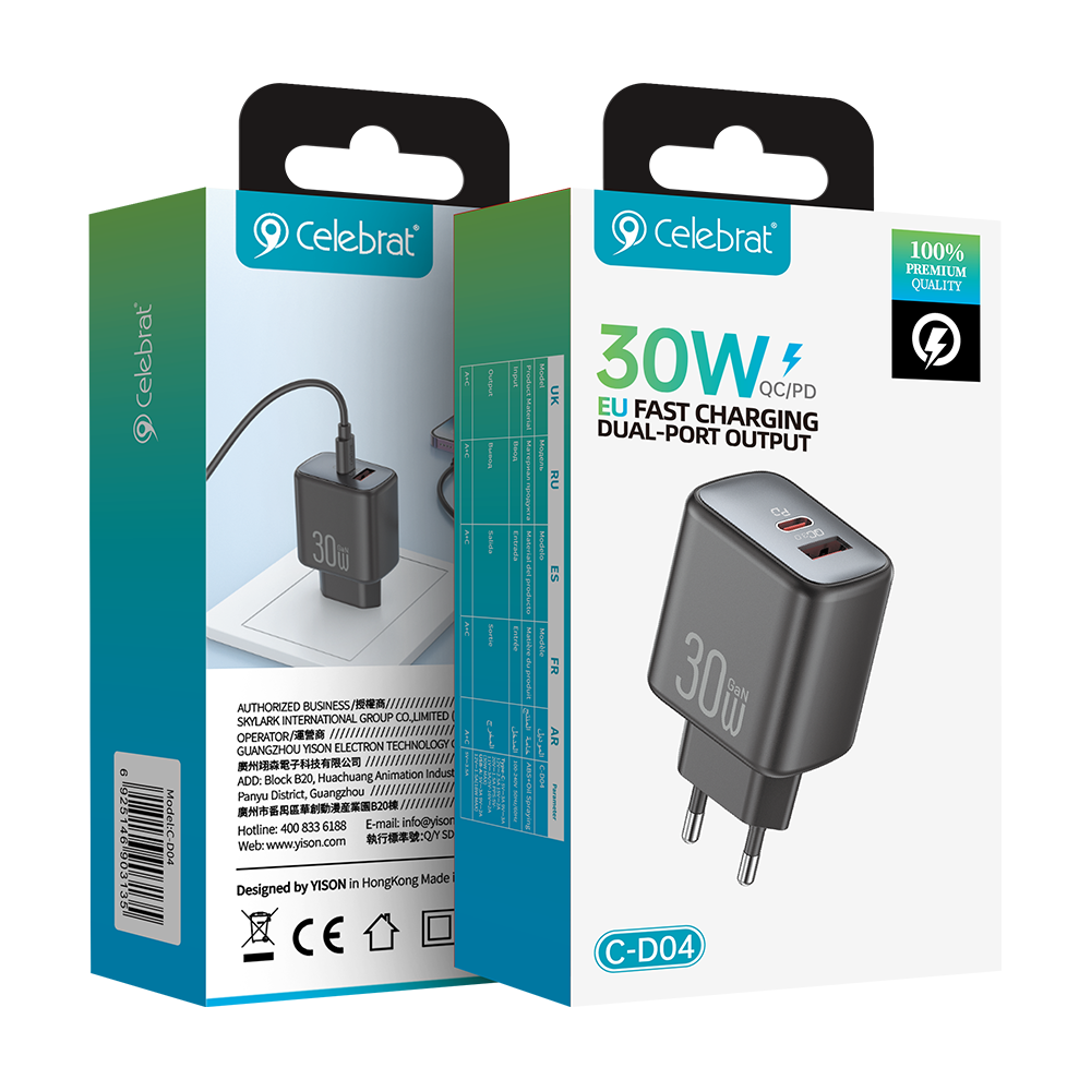 Celebrat C-D04 EU GaN Charger 30W, PD/QC PPS Supported, Product Packaging