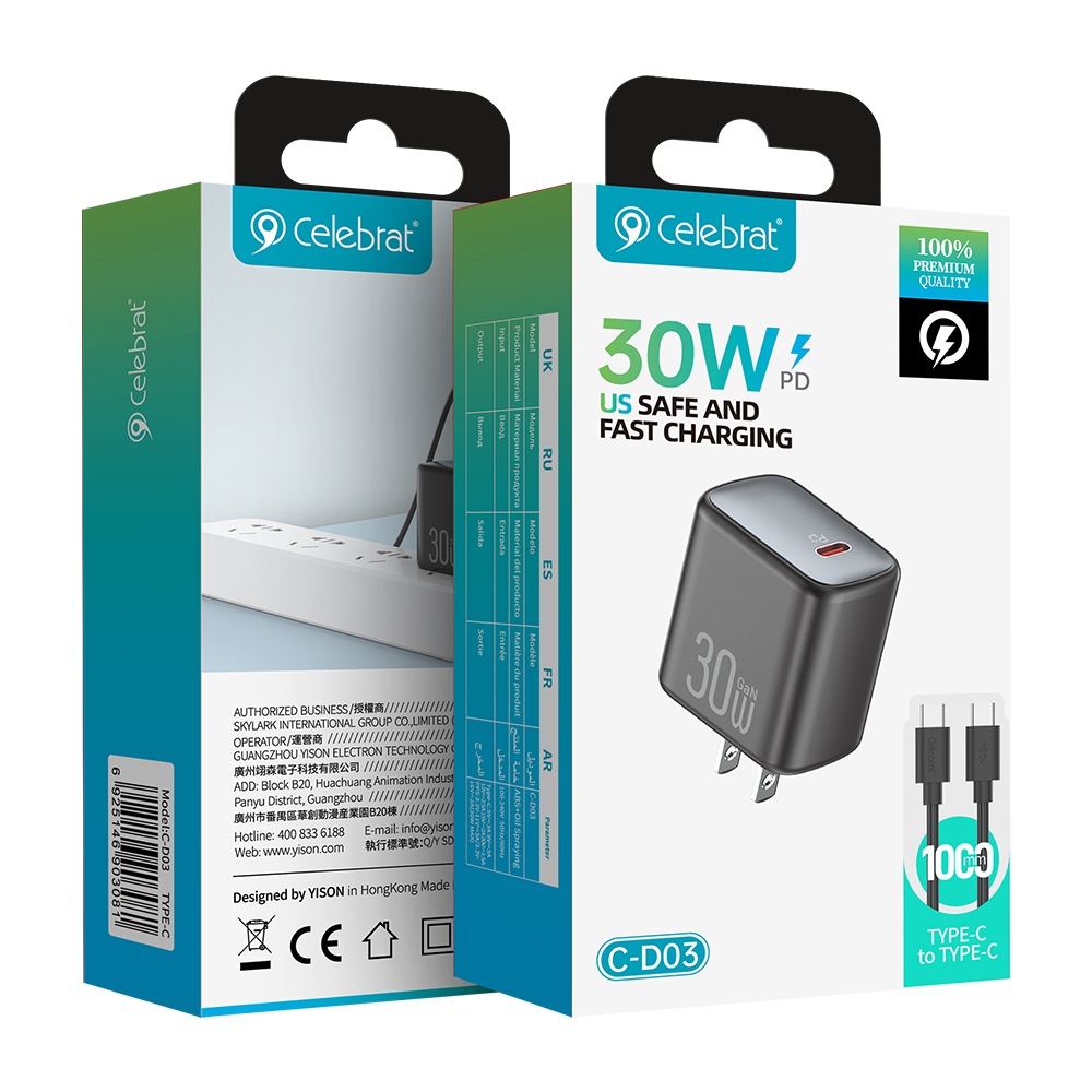 Celebrat C-D03 C-C US 30W GaN Fast Charging Charger Product Packaging