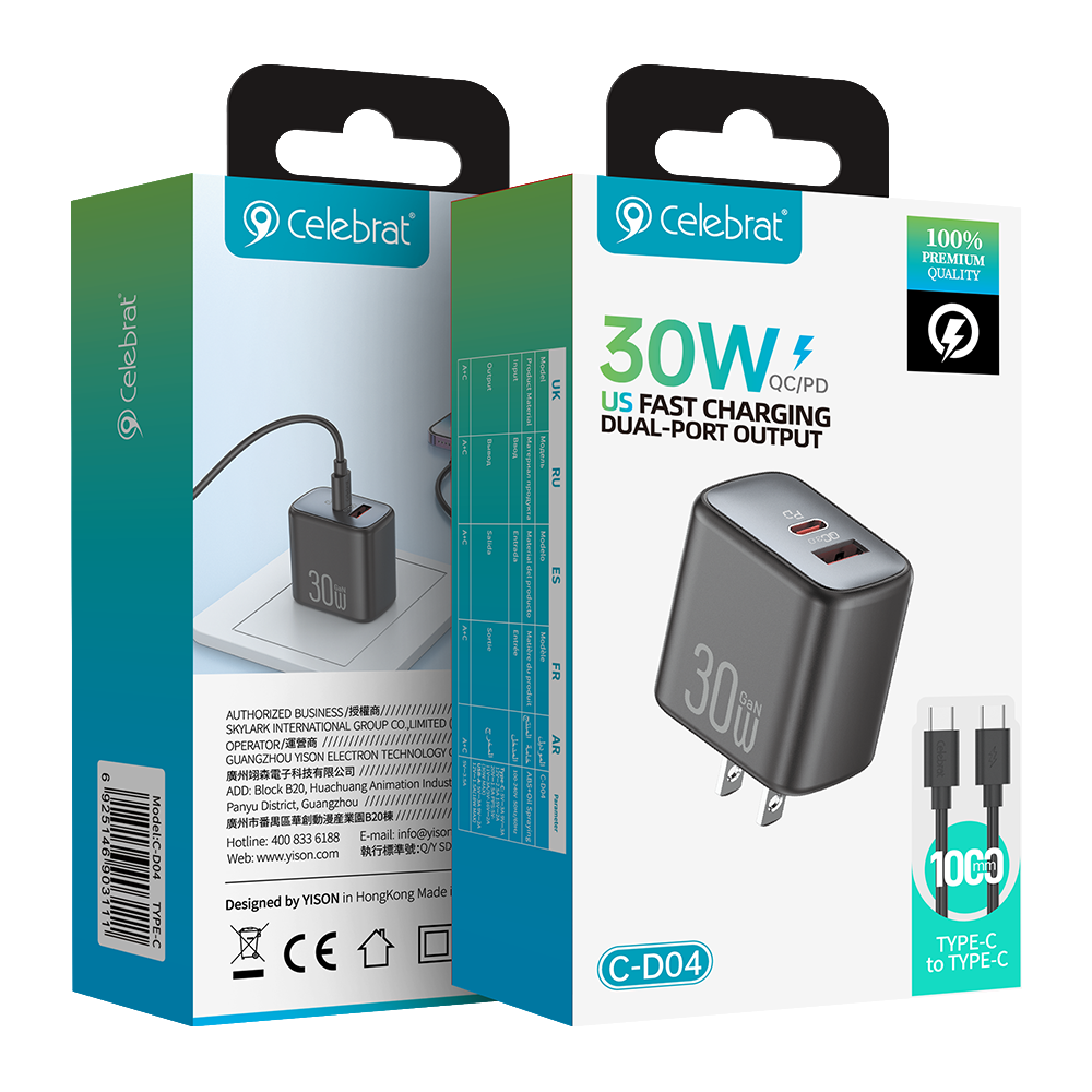 Celebrat C-D04 C-C US 30W GaN Charger Product Packaging