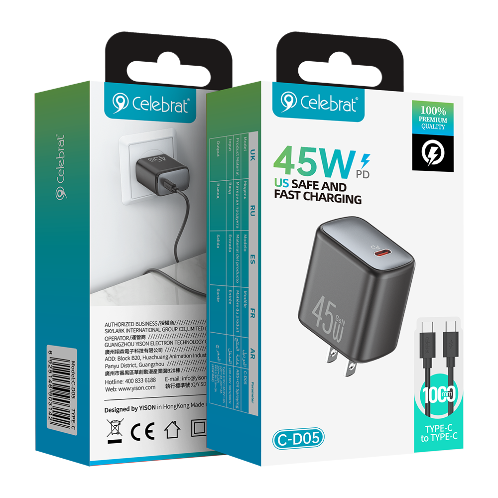 Celebrat C-D05 C-C US 45W Fast GaN Charger Product Packaging