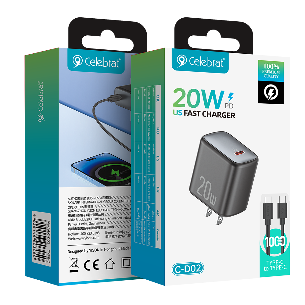 Celebrat C-D02 C-C US PPS PD20W Fast Charger Product Packaging