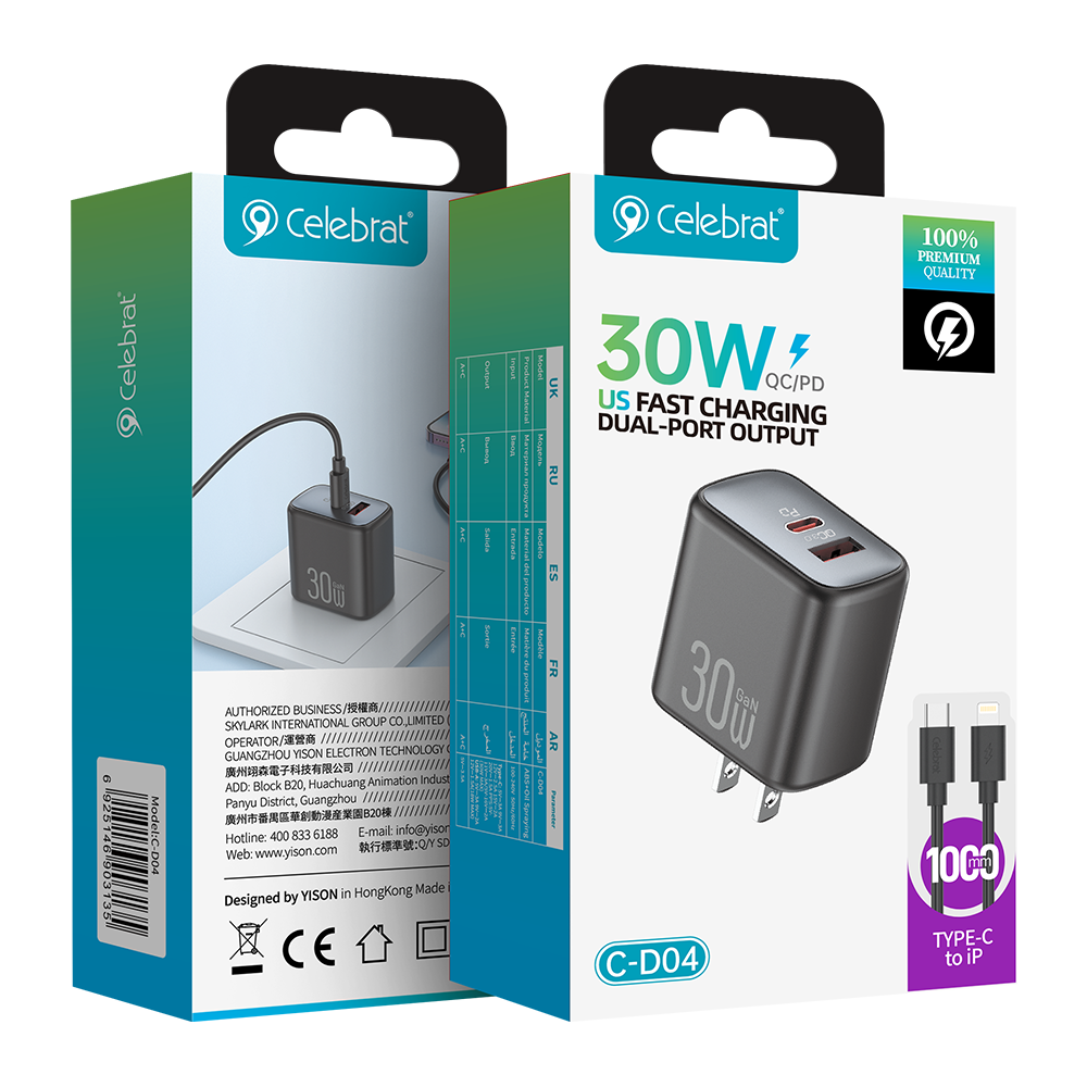 Celebrat C-D04 C-L US 30W GaN Charger Product Packaging