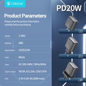Celebrat C-D02 US PPS PD20W Fast Charger Product Parameters