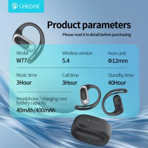 Celebrat W77 Zero-Pressure Stereo TWS Earbuds Product Parameters