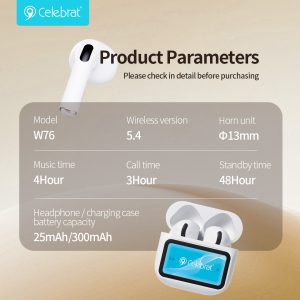 White Celebrat W76 TWS Earbuds with Smart Color Display  Product Parameters