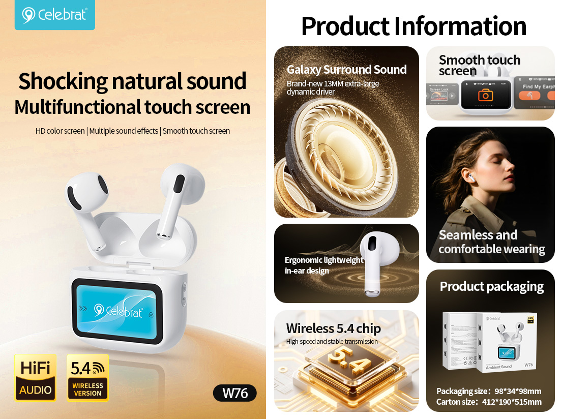 White Celebrat W76 TWS Earbuds with Smart Color Display  Product Parameters