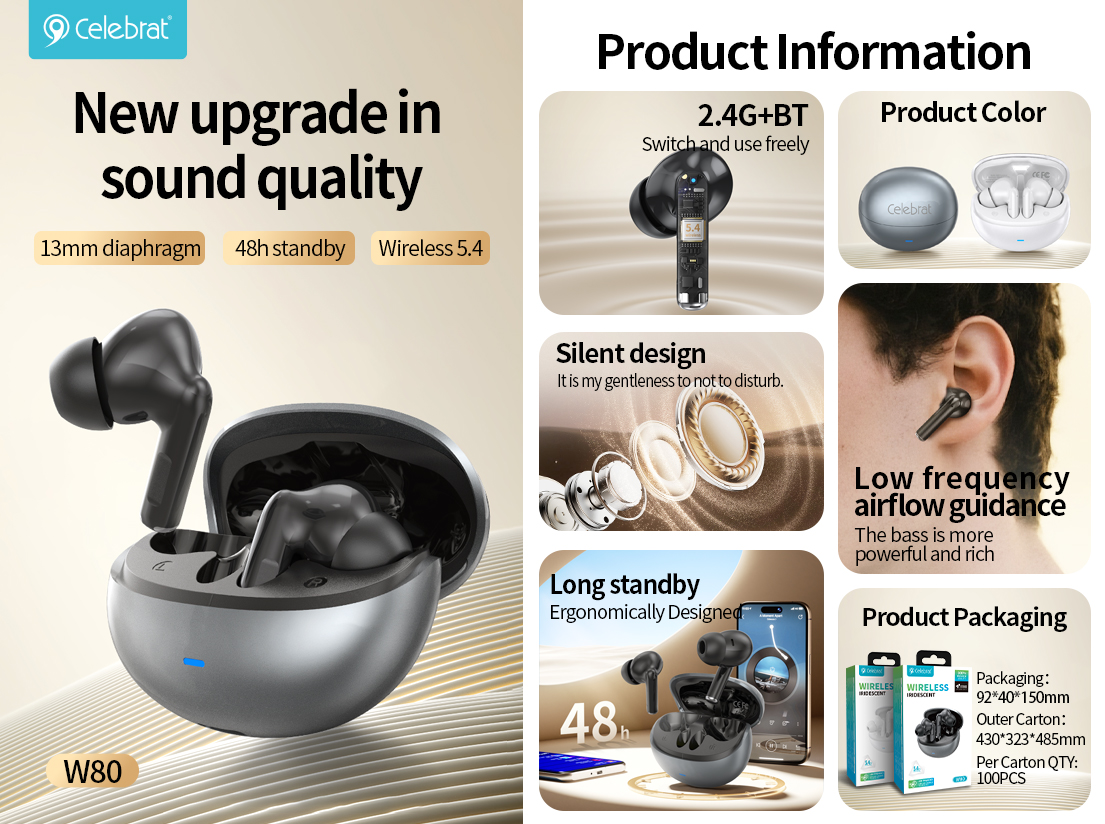 Hot-selling Celebrat W80 Bluetooth 5.4 Hi-Res Audio Earbuds