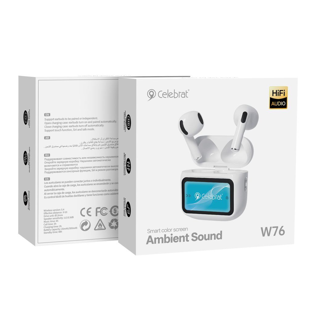Celebrat W76 TWS Earbuds with Smart Color Display Product Packaging