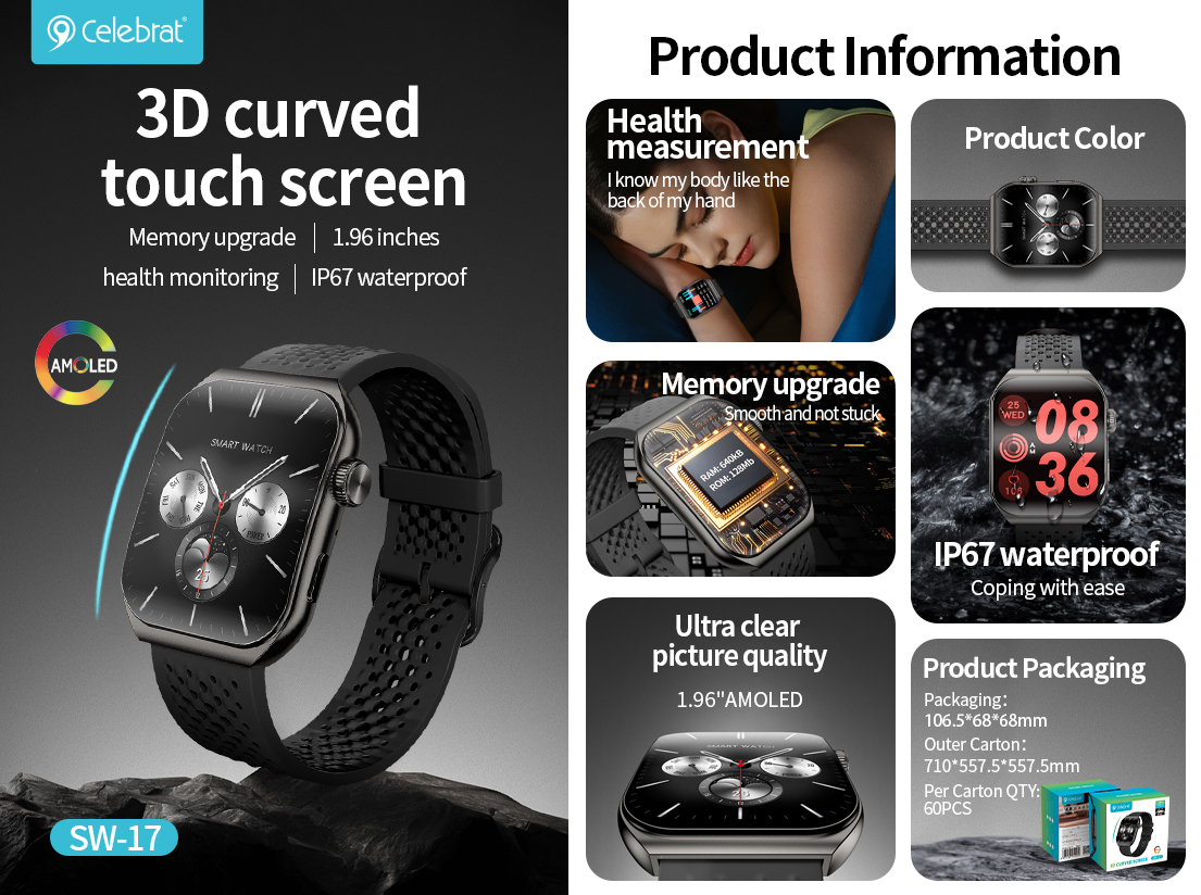 Hot-selling Celebrat SW-17 Smart Watch with Vivid AMOLED Display