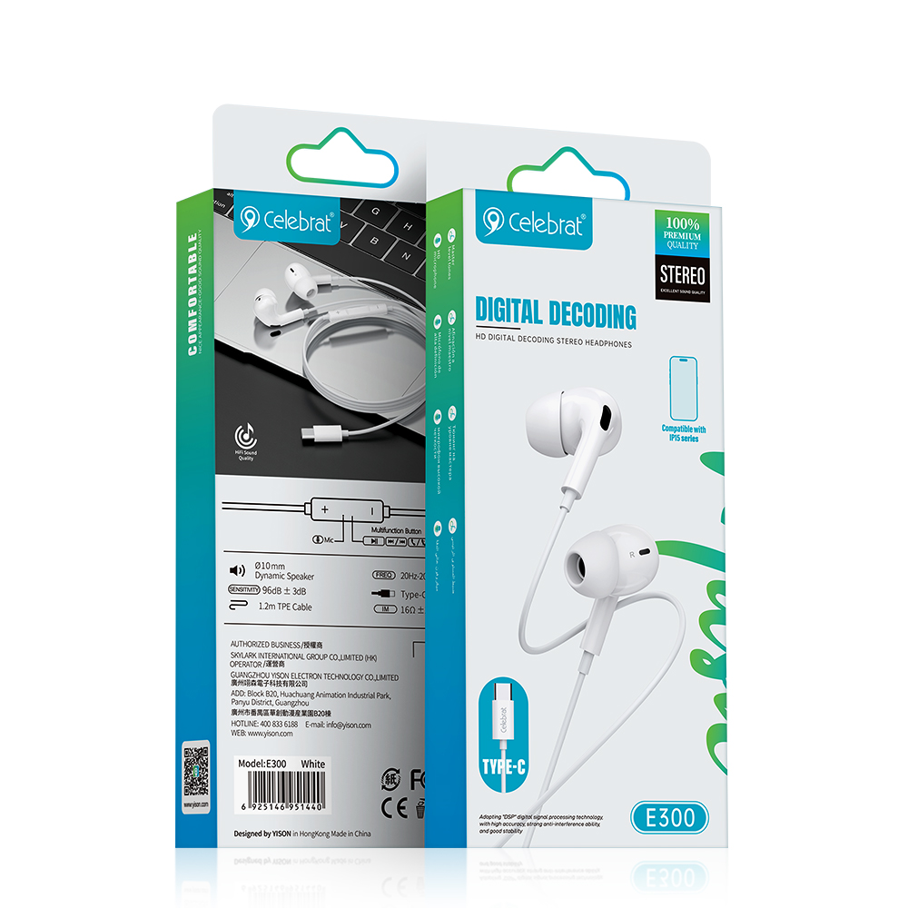 Celebrat E300 Type-C Wired Headphones Product Packaging