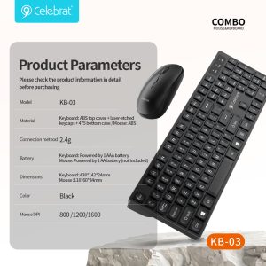 Celebrat KB-03 Silent Ergonomic Wireless Keyboard and Mouse Set Product Parameters
