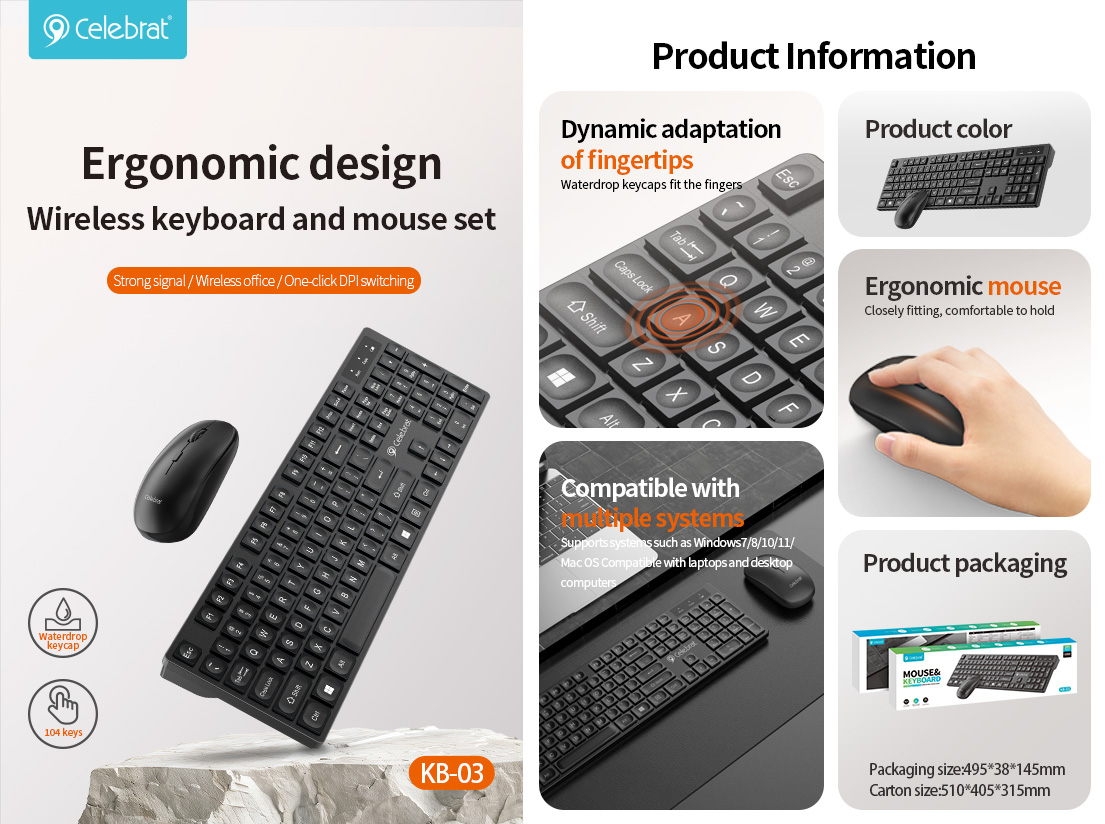 Celebrat KB-03 Silent Ergonomic Wireless Keyboard and Mouse Set Selling point