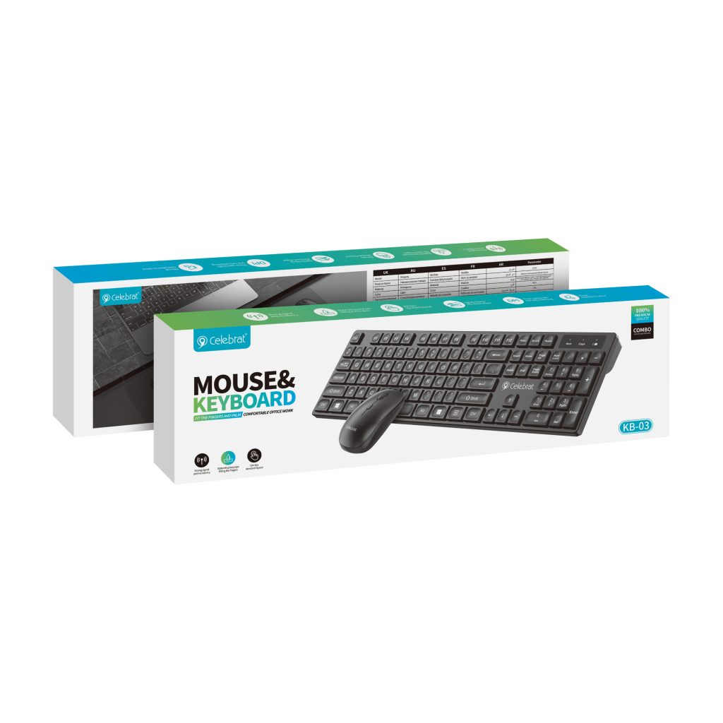 Celebrat KB-03 Silent Ergonomic Wireless Keyboard and Mouse Set Product Packaging