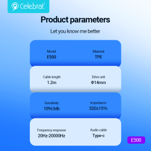 Celebrat E500 Type-C Wired Earphones Product Parameters