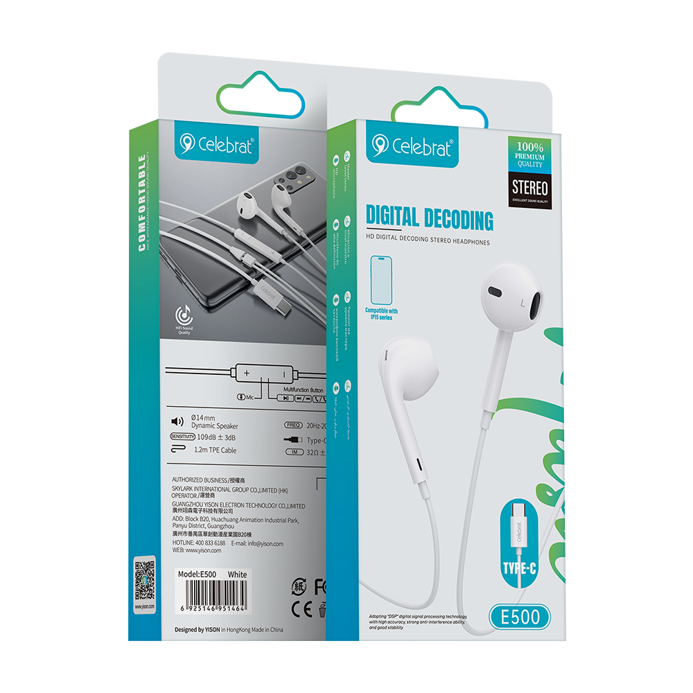 Celebrat E500 Type-C Wired Earphones Product Packaging