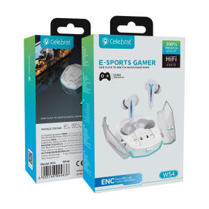Celebrat W54 White Bluetooth 5.3 Gaming Earbuds, 53ms Low Latency Wireless Headphones Packaging