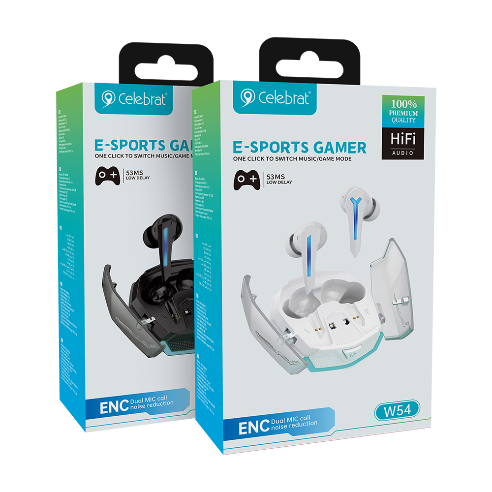 Celebrat W54 Bluetooth 5.3 Gaming Earbuds, 53ms Low Latency Wireless Headphones Product Packaging