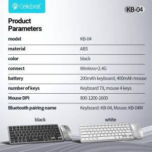 Celebrat KB-04 Silent Wireless Keyboard & Mouse Combo Product Parameters