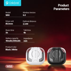 Celebrat W88 Low-Latency Gaming TWS Earbuds Product Parameters