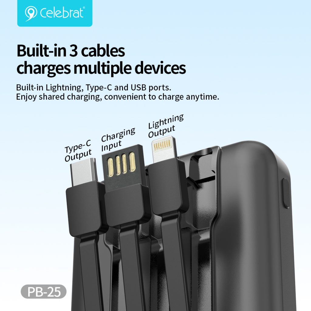 Built-in 3 cables 
charges multiple devices