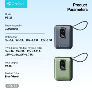 Celebrat PB-23 35W LED Power Bank with Type-C Cable for 3 Devices Product Parameters