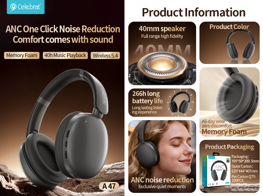 Celebrat A47 40mm Hi-Fi ANC Headphones Product Information