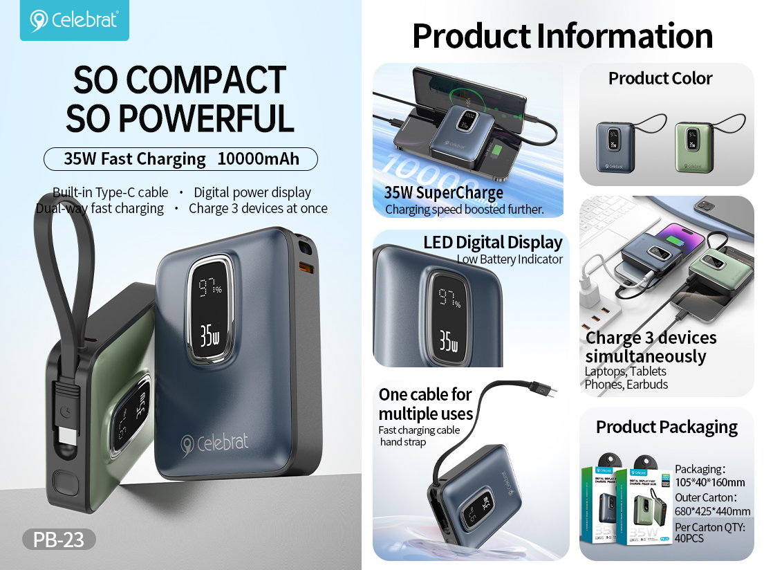 Celebrat PB-23 35W LED Power Bank with Type-C Cable for 3 Devices Product Information