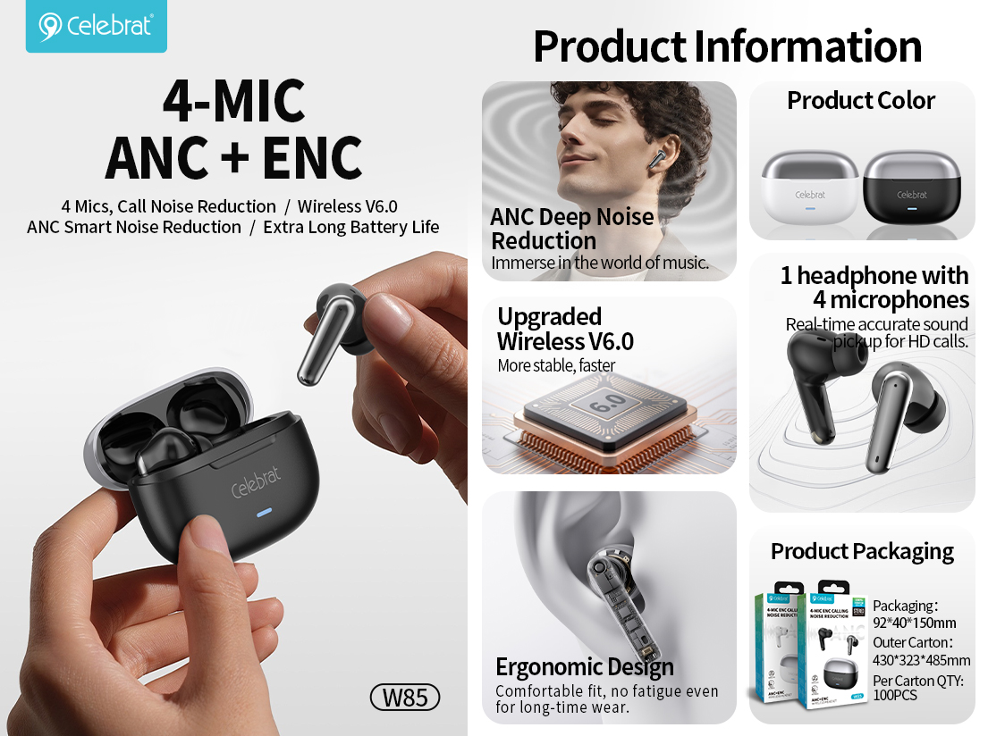 Celebrat W85 Hybrid ANC & ENC Earbuds Product Information