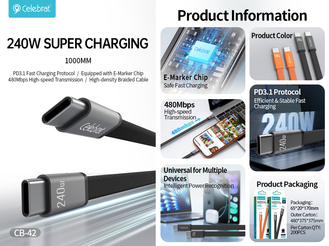 CB‑42 / CB‑43 Series 240W Fast‑Charge Braided USB‑C Cable (Type‑C to Type‑C) – Extreme Charging, Efficient Data Transfer