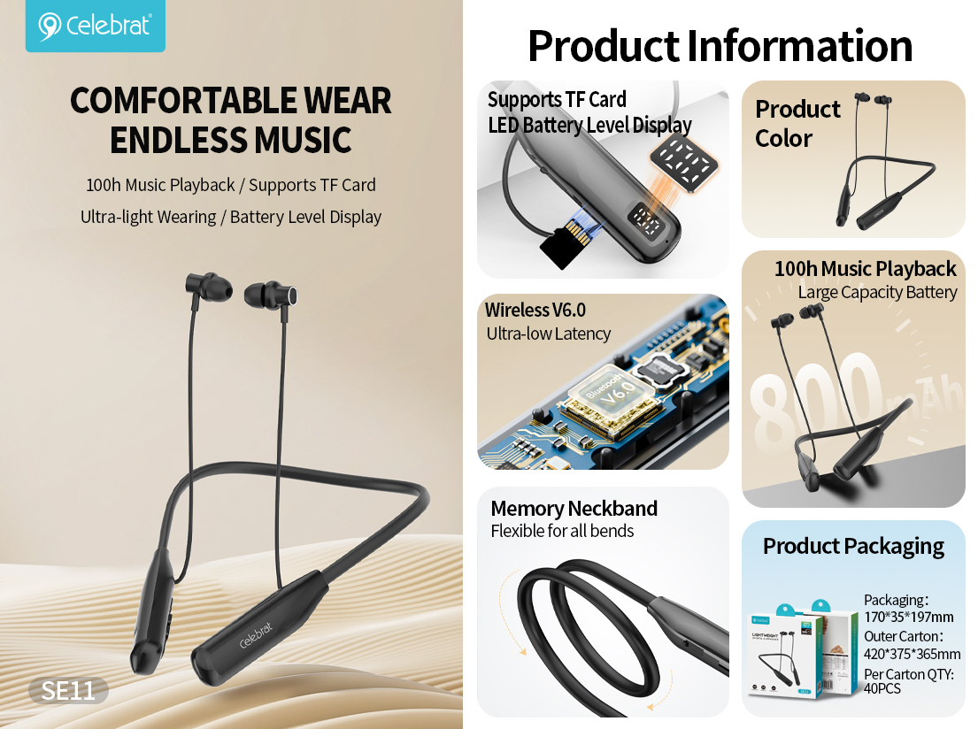 SE11 Neckband Bluetooth Sports Headphones with 100-Hour Battery Life